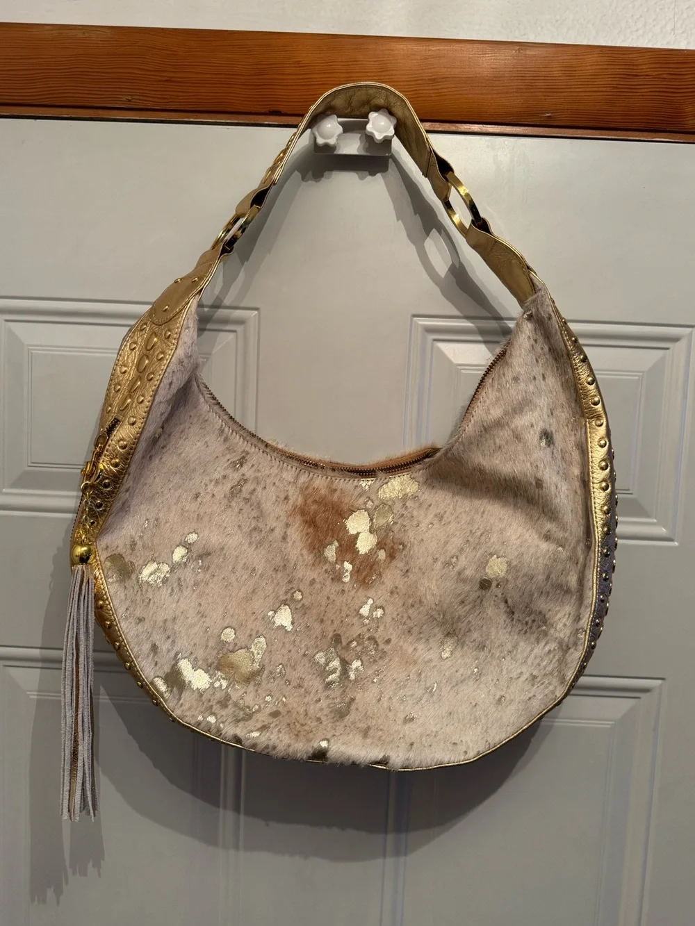 Junior Drake Gold Studded with metallic Cowhide Hobo Bag Fringed Tassel